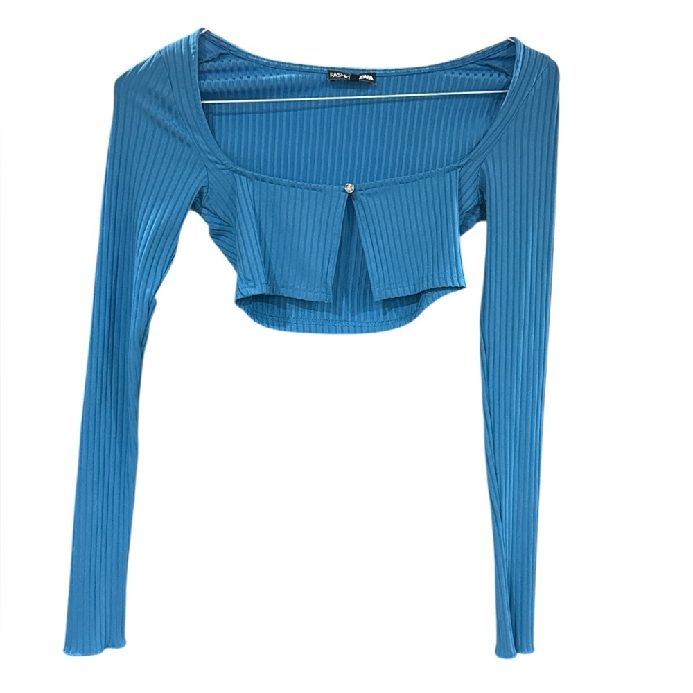 Fashion Nova Blue Ribbed Long Sleeve Crop Top